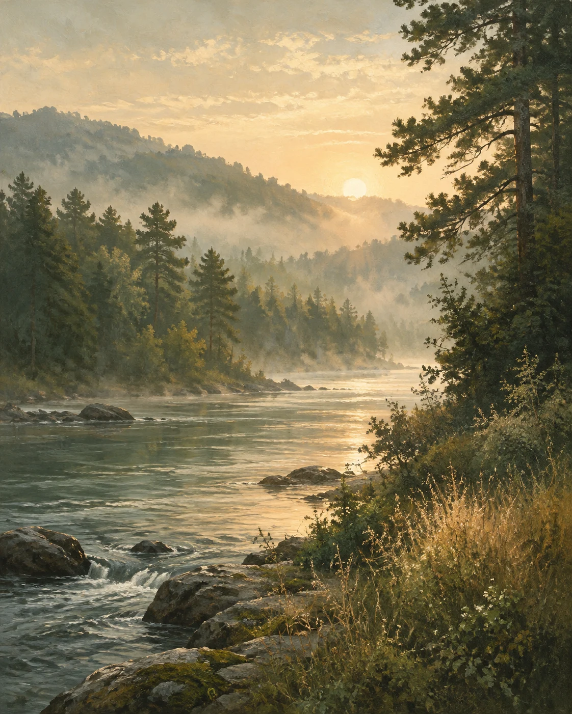 Original landscape artwork of a river and trees in warm morning light. Not a view of the Unity property.